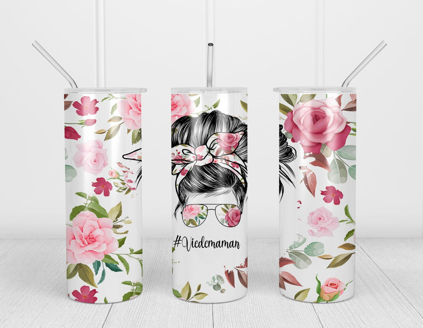 Design tumbler 20oz pour sublimation, #Viedemaman, Messy Bun, Momlife, fleurs