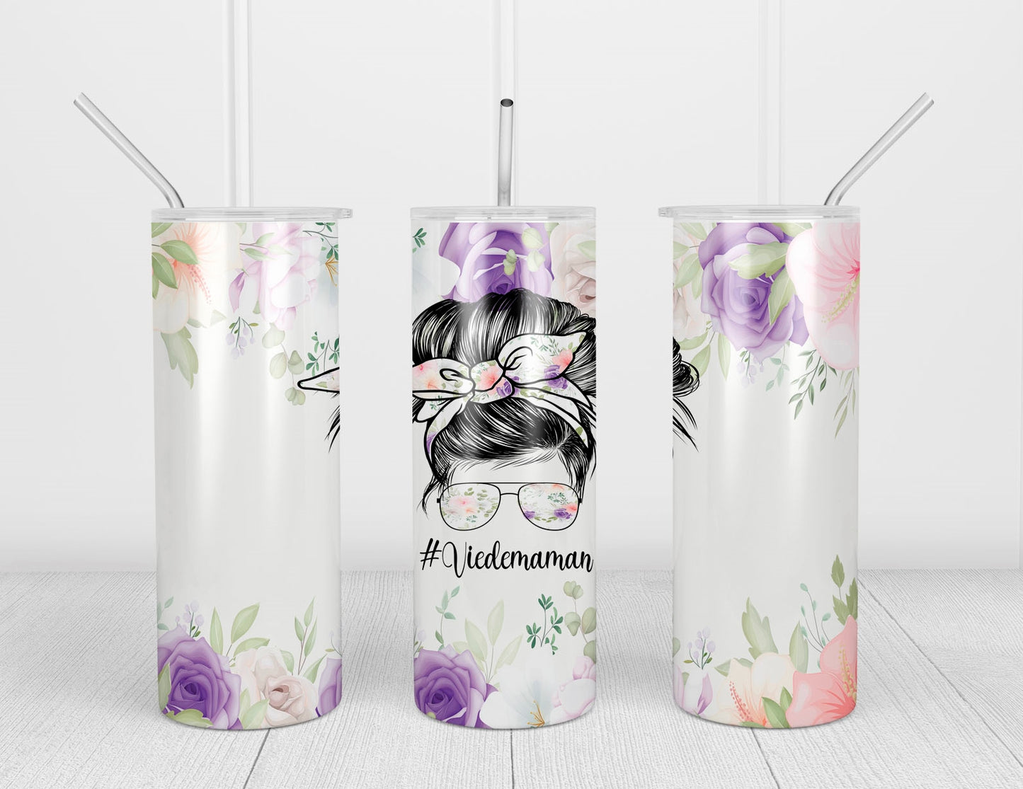 Design tumbler 20oz pour sublimation, #Viedemaman, Messy Bun, Momlife, fleurs mauves