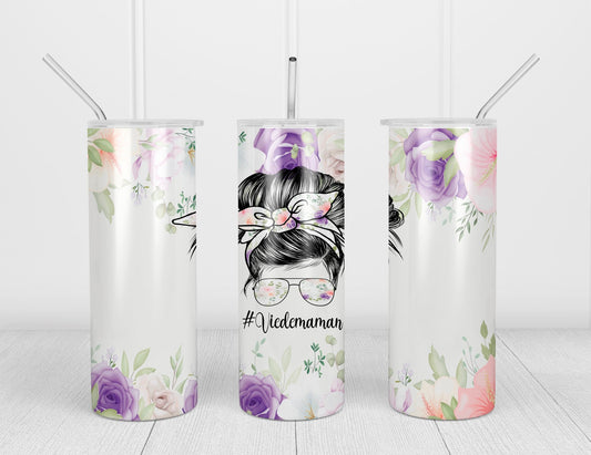 Design tumbler 20oz pour sublimation, #Viedemaman, Messy Bun, Momlife, fleurs mauves