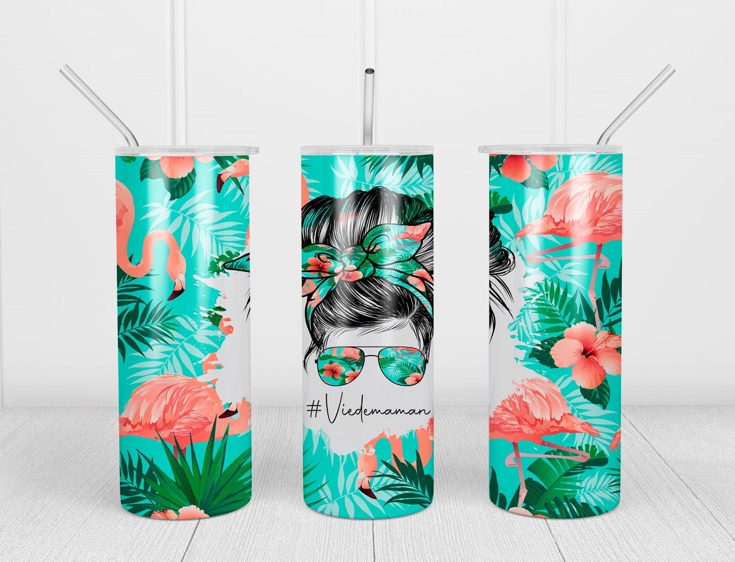 Design tumbler 20oz pour sublimation, #Viedemaman, Messy Bun, Momlife, Tropical, flamant rose