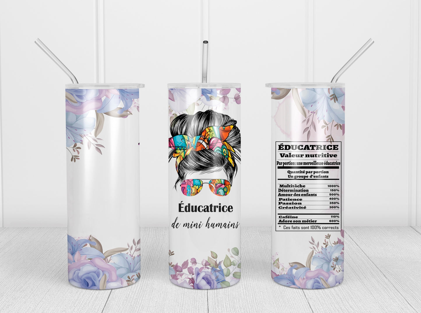 Design Tumblers 20 oz , sublimation , éducatrice mini humains, fleurs mauves