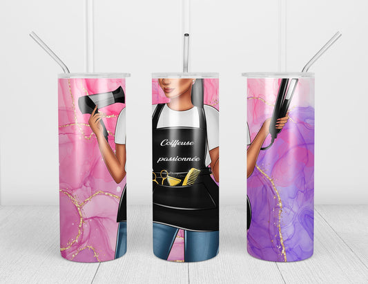 Design tumbler 20oz pour sublimation , COIFFEUSE PASSIONNÉE, cheveux noirs