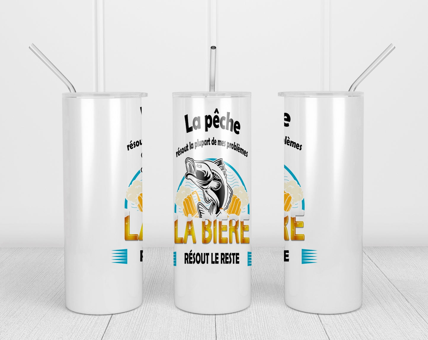 Design tumbler 20oz pour sublimation , PÊCHE RÉSOUT LA PLUPART DE MES PROBLÈMES, LA BIÈRE RÉSOUT LE RESTE, fond blanc