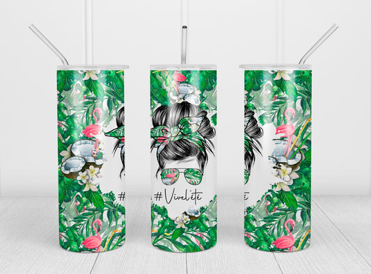 Design tumbler 20oz pour sublimation, #Viedemaman, Messy Bun, Momlife, noix de coco, flamant rose