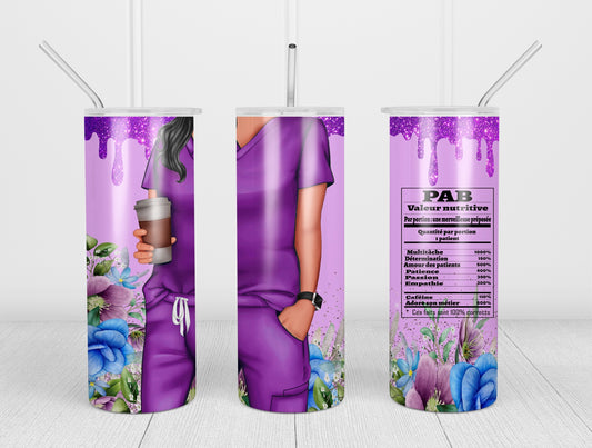 Design tumbler 20oz pour sublimation PRÉPOSÉE AUX BÉNÉFICIAIRE, PAB, valeur nutritive, glitter mauve, fleurs