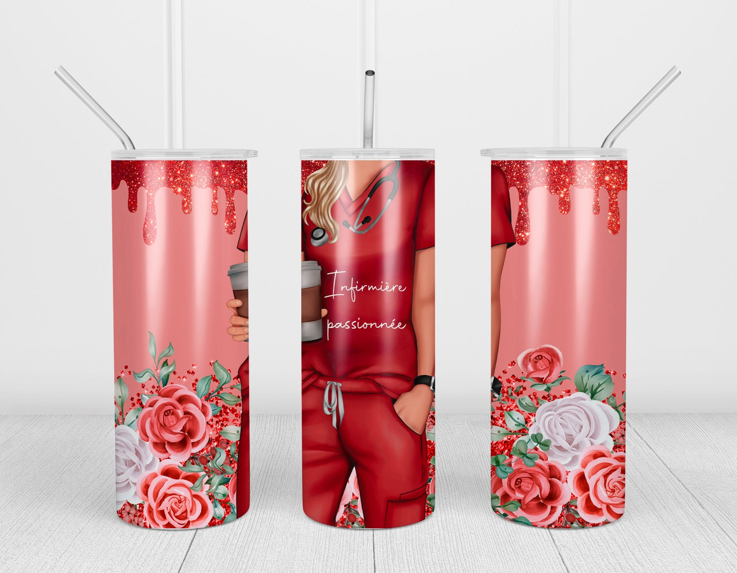 Design tumbler 20oz pour sublimation , INFIRMIÈRE PASSIONNÉE , glitter rouge, fleurs, cheveux blonds