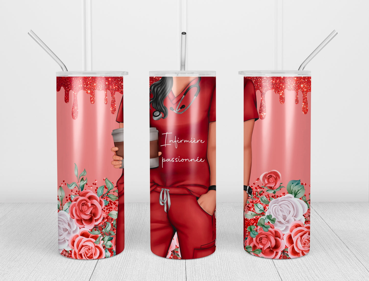 Design tumbler 20oz pour sublimation , INFIRMIÈRE PASSIONNÉE , glitter rouge, fleurs, cheveux noirs