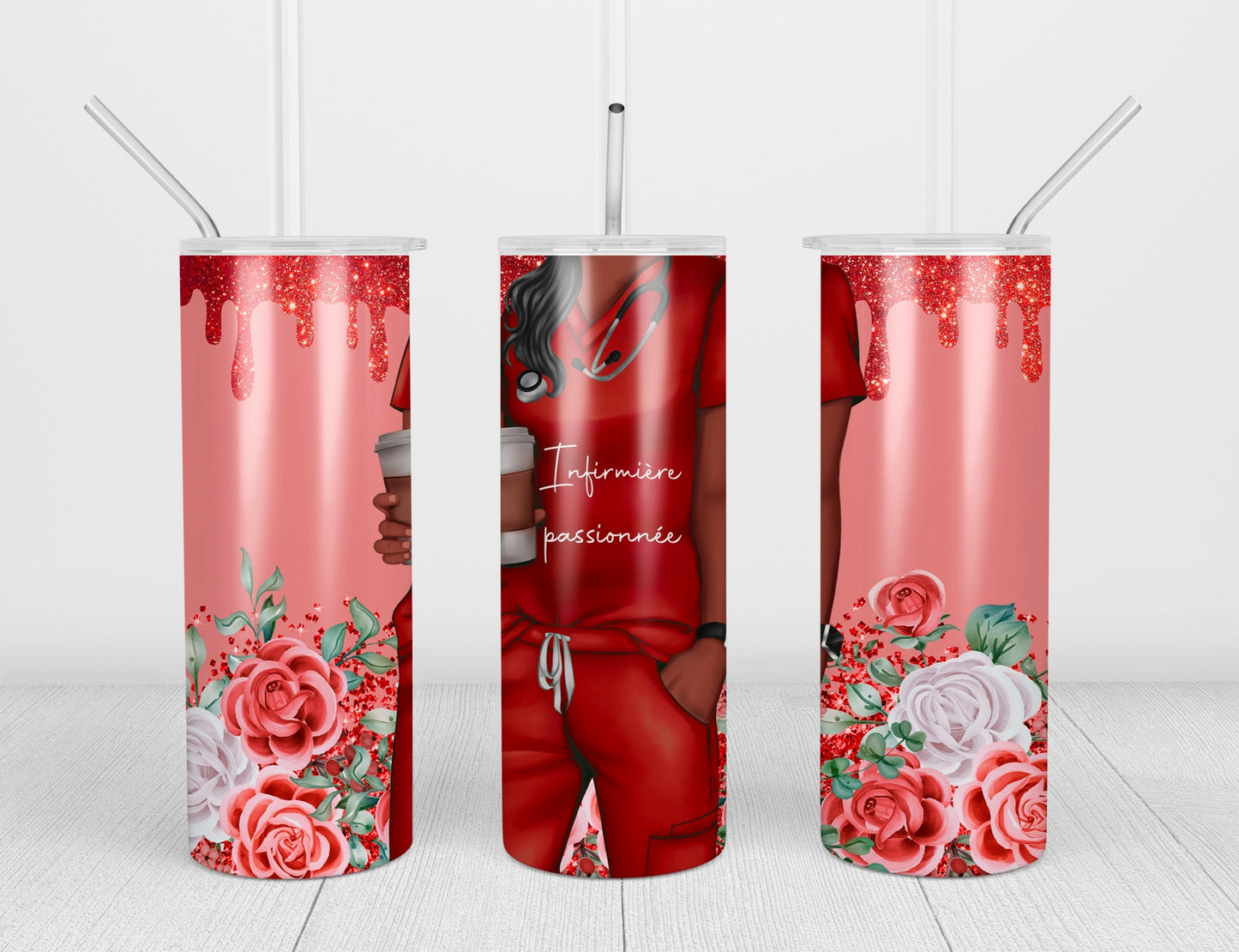 Design tumbler 20oz pour sublimation , INFIRMIÈRE PASSIONNÉE , glitter rouge, fleurs, cheveux