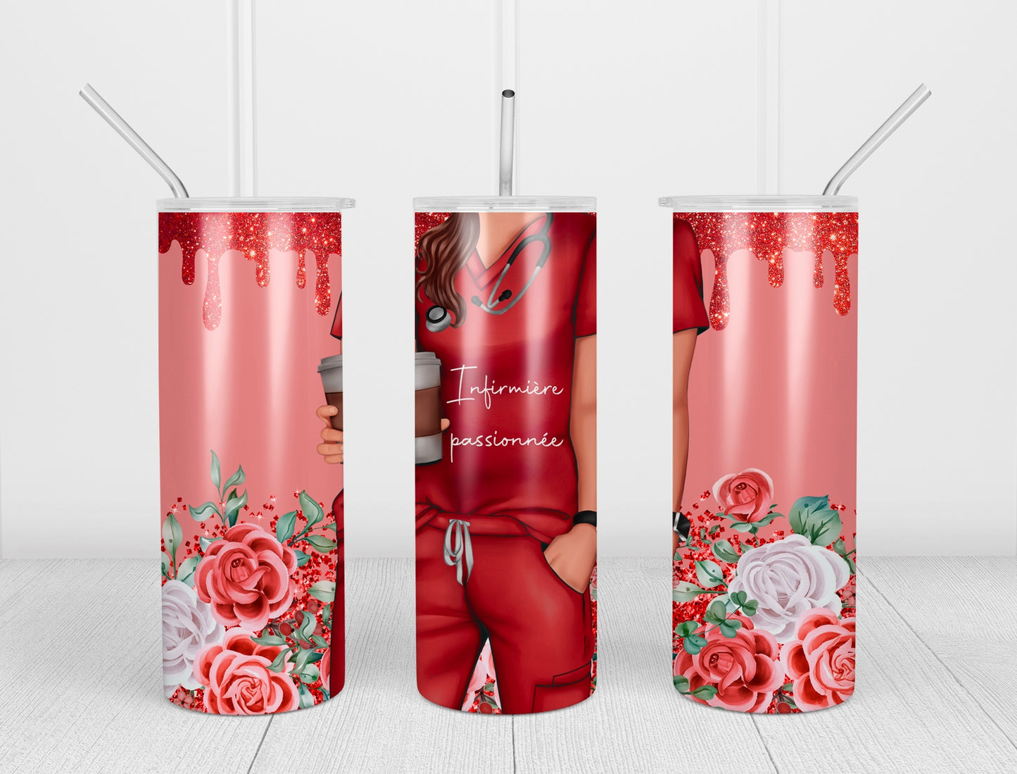 Design tumbler 20oz pour sublimation , INFIRMIÈRE PASSIONNÉE , glitter rouge, fleurs, cheveux bruns