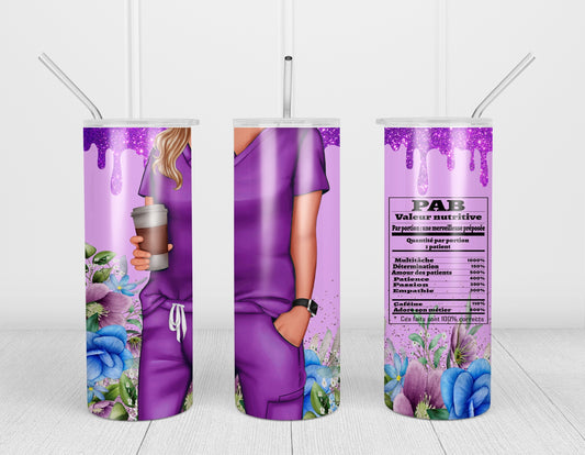 Design tumbler 20oz pour sublimation , PRÉPOSÉE AUX BÉNÉFICIAIRES, valeur nutritive, glitter mauve, fleurs, cheveux blonds