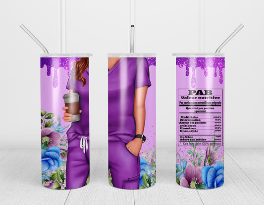 Design tumbler 20oz pour sublimation , PRÉPOSÉE AUX BÉNÉFICIAIRES, PAB, valeur nutritive, glitter mauve, fleurs, cheveux rouges foncés