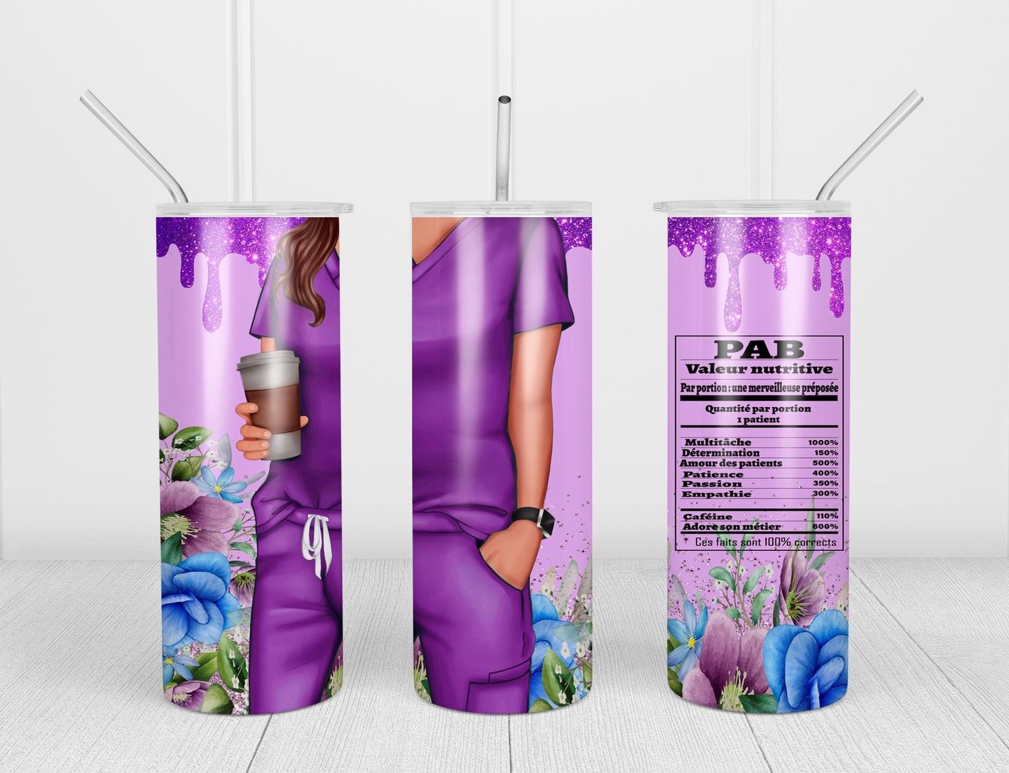 Design tumbler 20oz pour sublimation , PRÉPOSÉE AUX BÉNÉFICIAIRES, PAB, valeur nutritive, glitter mauve, fleurs, cheveux bruns