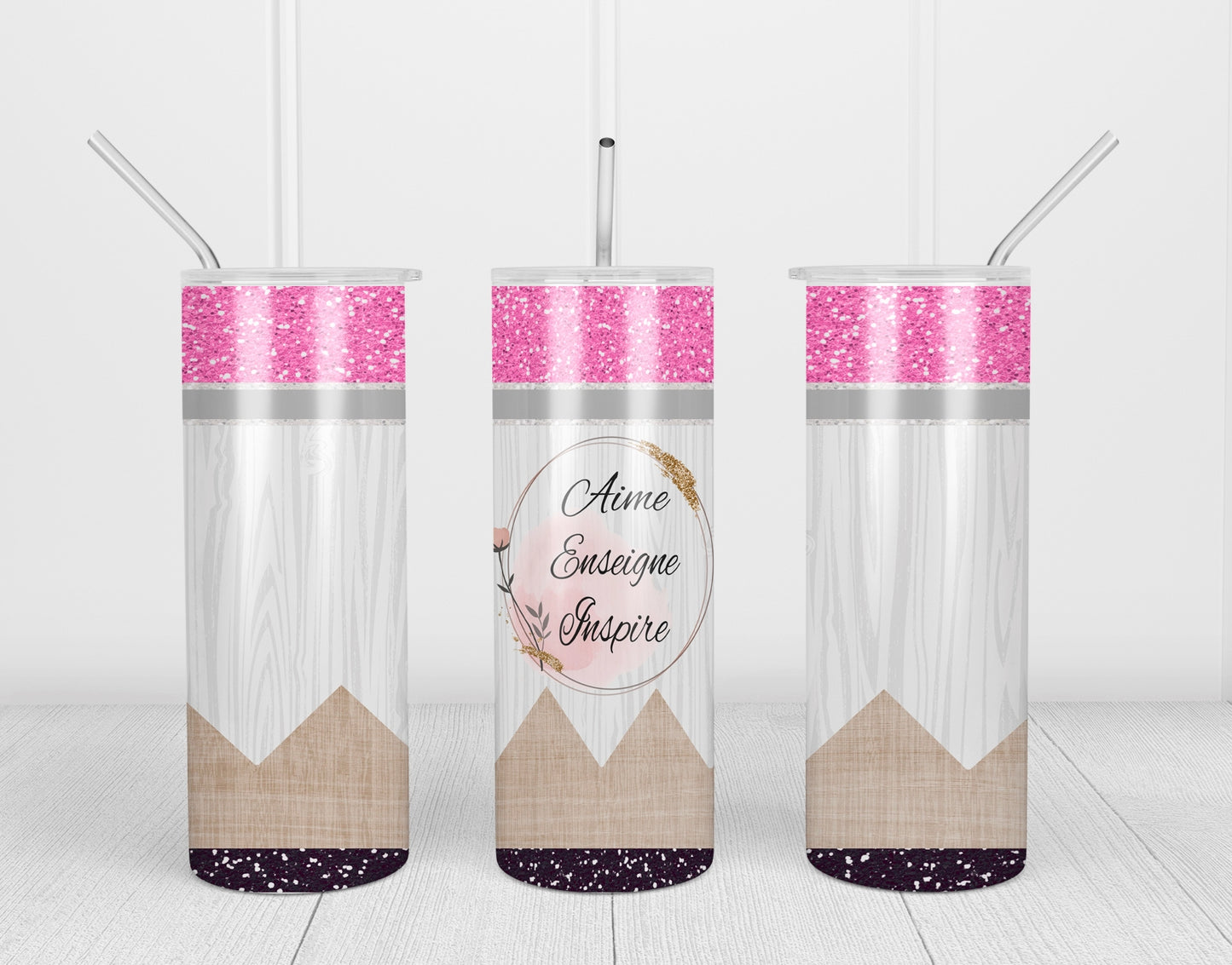 Design tumbler 20oz pour sublimation, ENSEIGNANTE, PROFESSEURE, crayon, fleurs, aime, enseigne, inspire