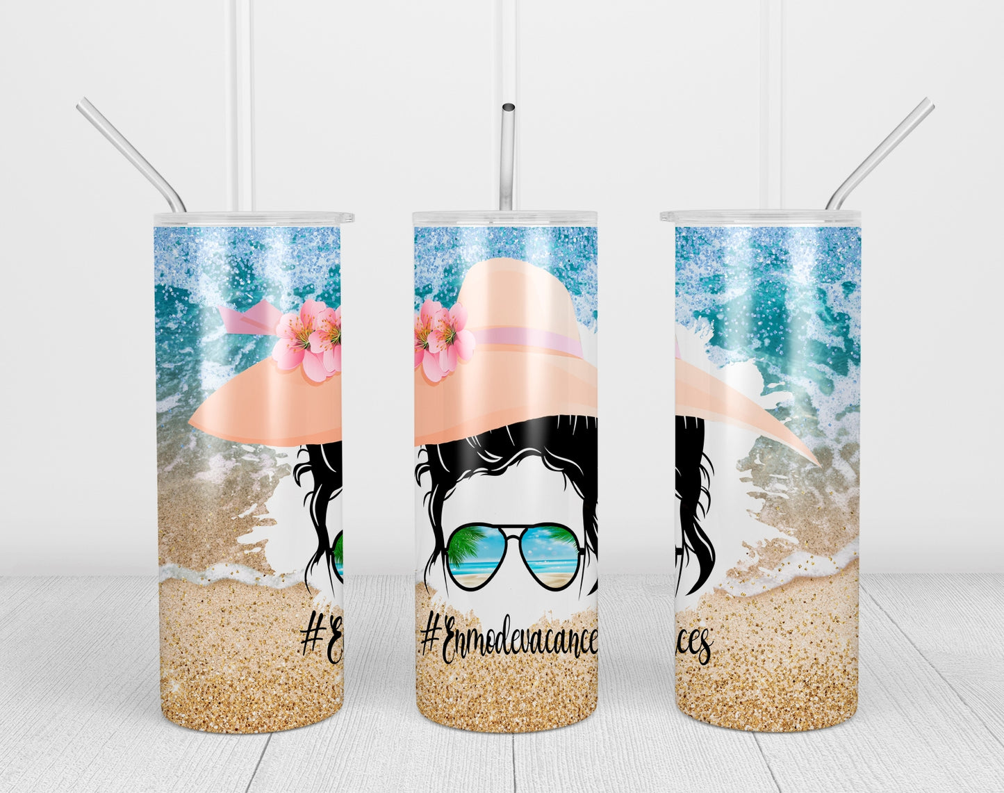 Design tumbler 20oz pour sublimation , #Enmodevacances, Messy Bun, plage, beach, été