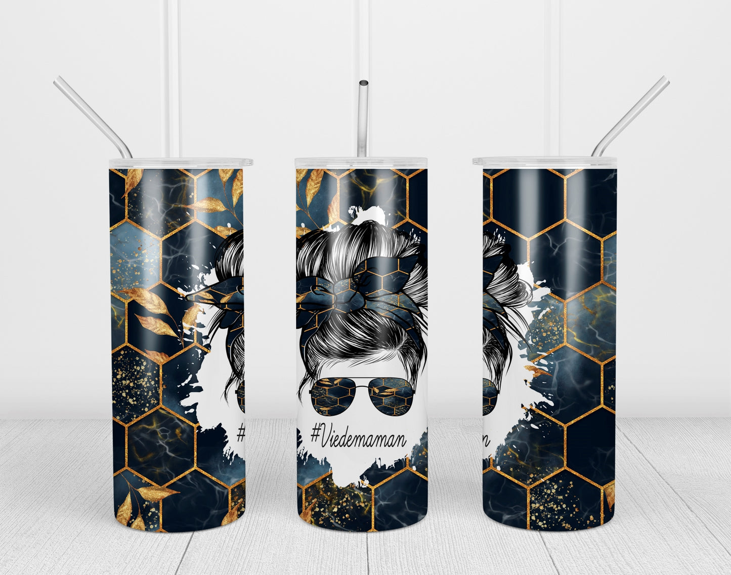 Design tumbler 20oz pour sublimation, #Viedemaman, Messy Bun, Momlife, abstrait, feuille d'or