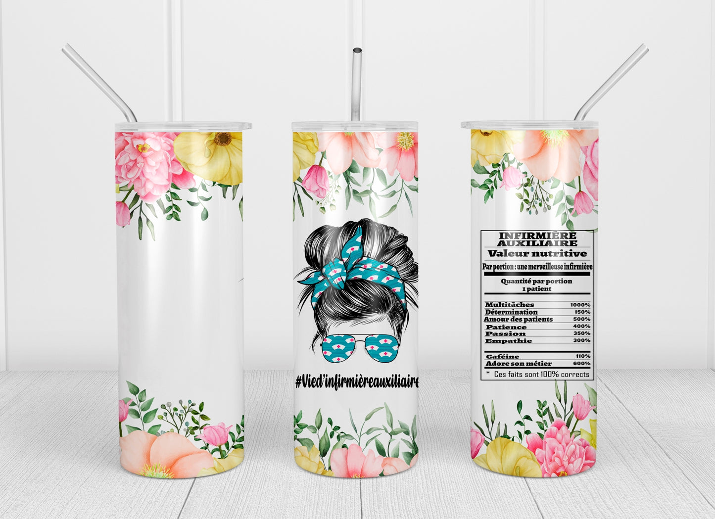 Design tumbler 20oz pour sublimation INFIRMIÈRE, valeur nutritive, fleurs jaunes