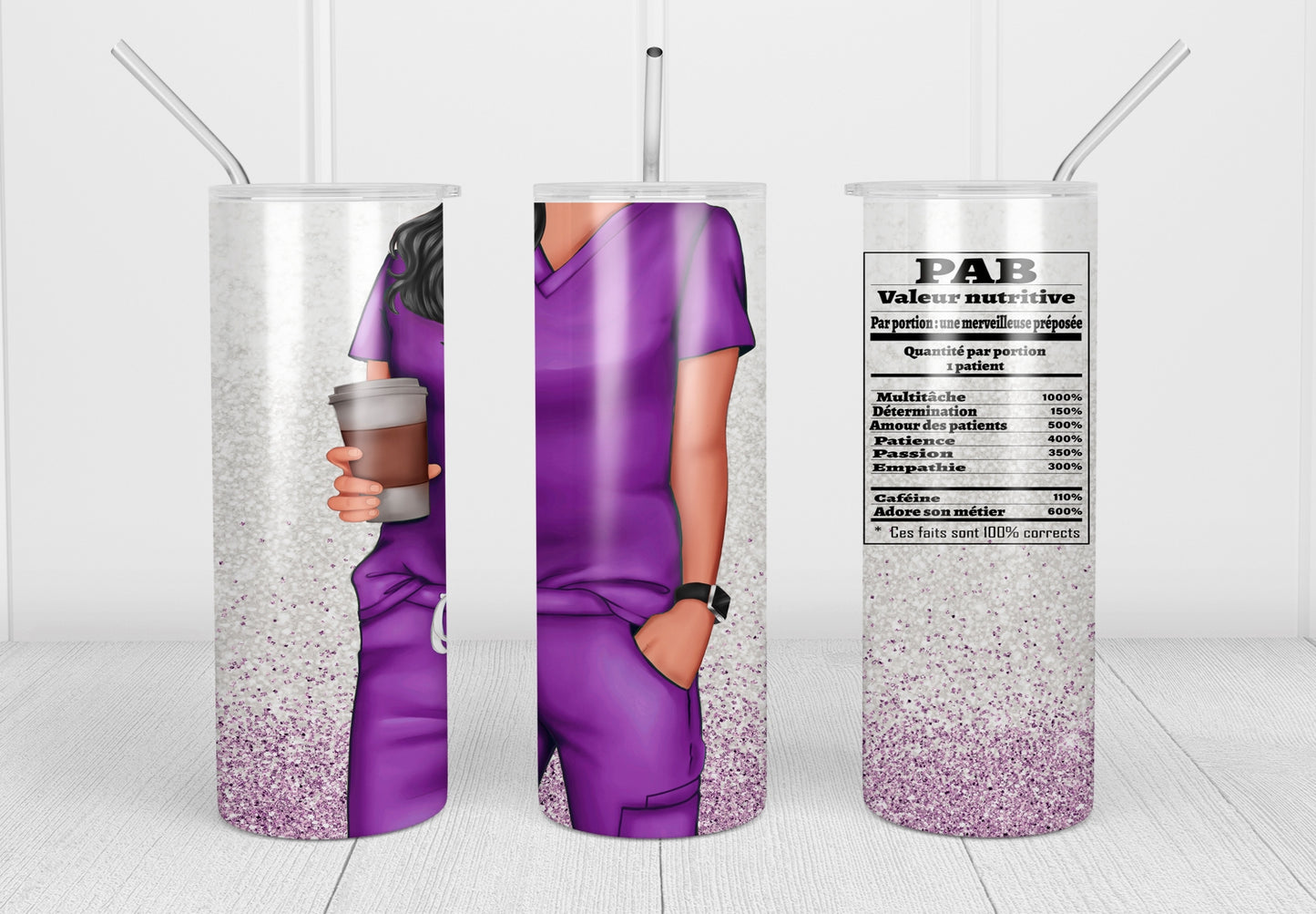 Design tumbler 20oz pour sublimation PAB, valeur nutritive, glitter mauve, cheveux noirs