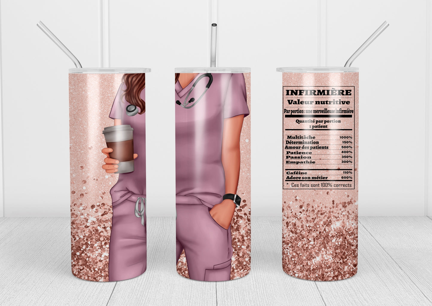 Design tumbler 20oz pour sublimation INFIRMIÈRE, valeur nutritive, glitter