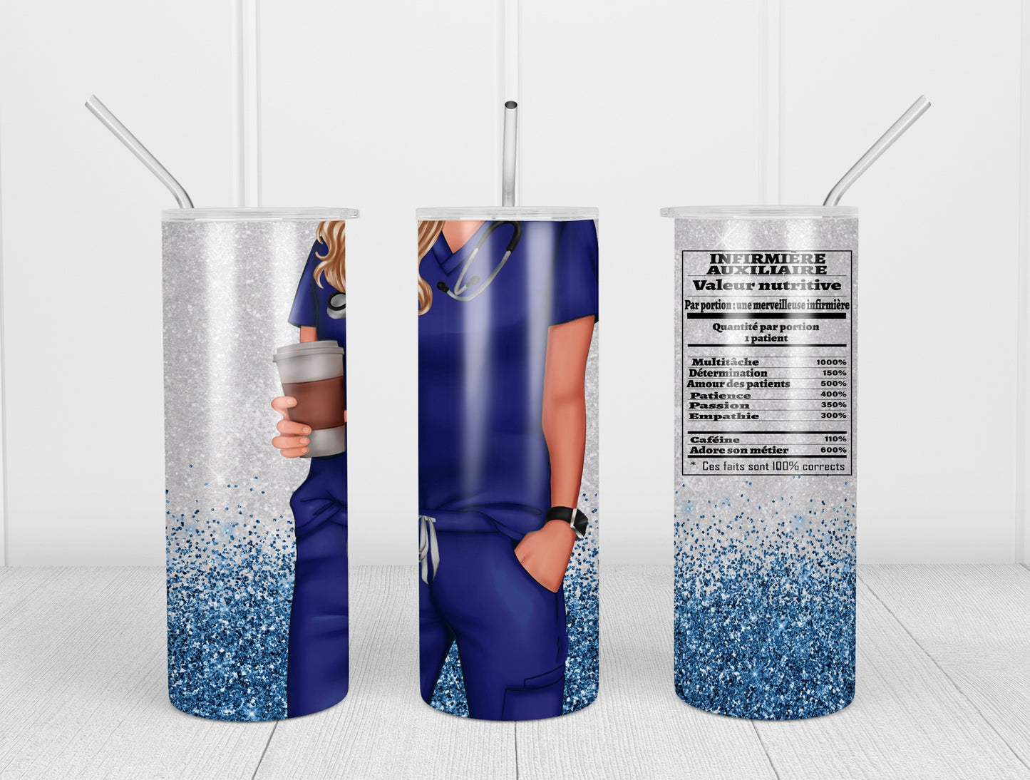 Design tumbler 20oz pour sublimation INFIRMIÈRE AUXILIAIRE, valeur nutritive, glitter bleu