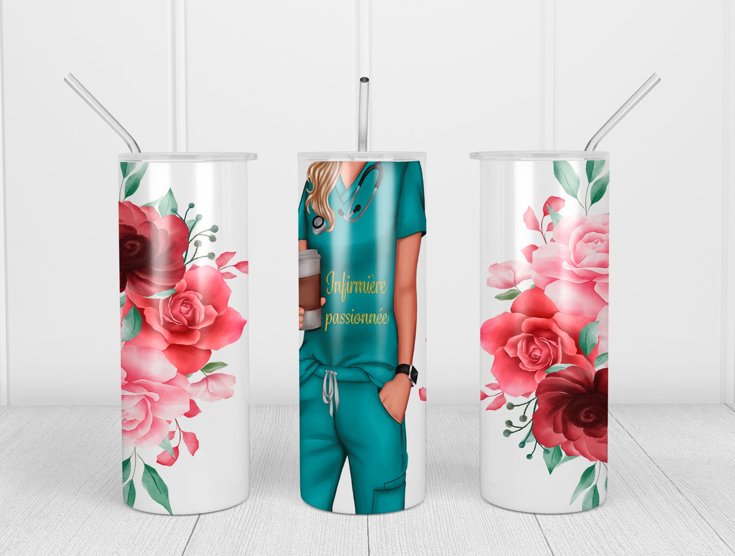 Design tumbler 20oz pour sublimation INFIRMIÈRE PASSIONÉE, fleurs rouges