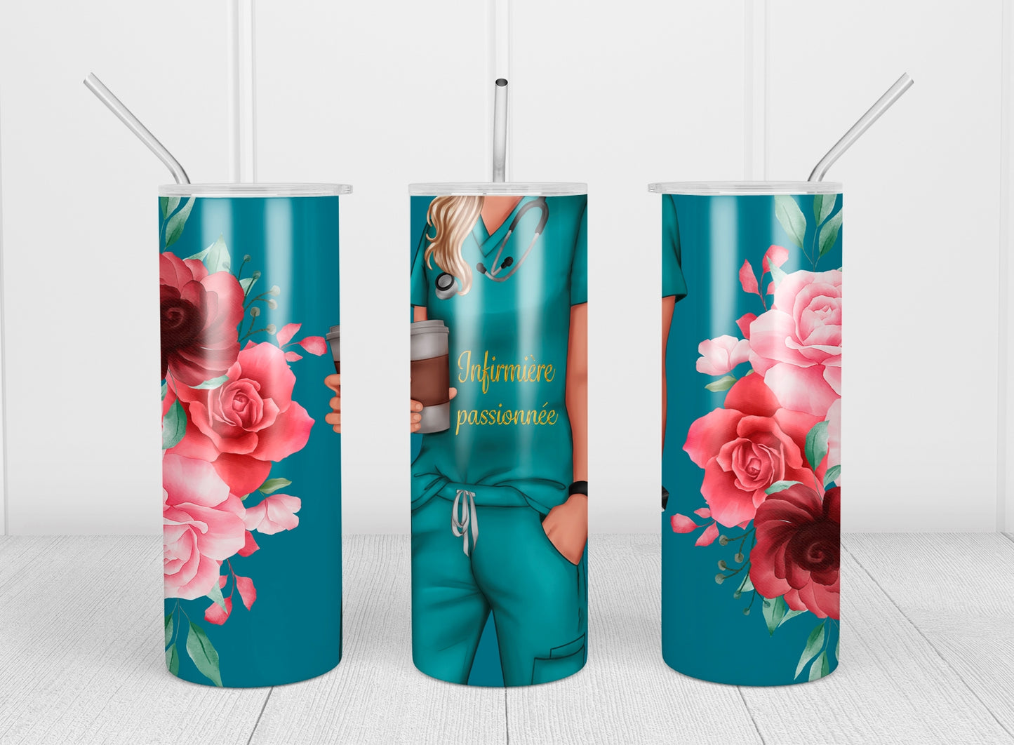 Design tumbler 20oz pour sublimation INFIRMIÈRE PASSIONNÉE, fleurs rouges, fond turquoise