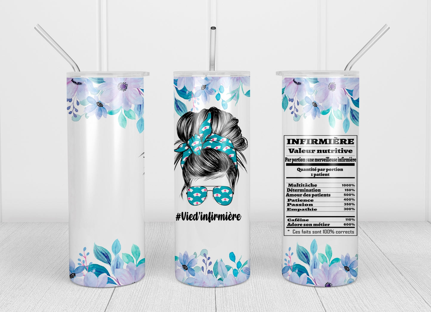 Design tumbler 20oz pour sublimation INFIRMIÈRE, Messy Bun, valeur nutritive, fleurs bleues