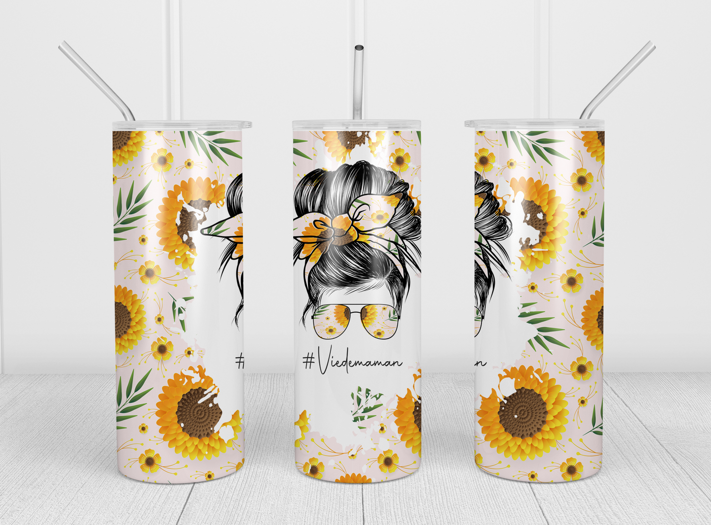 Design tumbler 20oz pour sublimation, #Viedemaman, Messy Bun, Tournesols