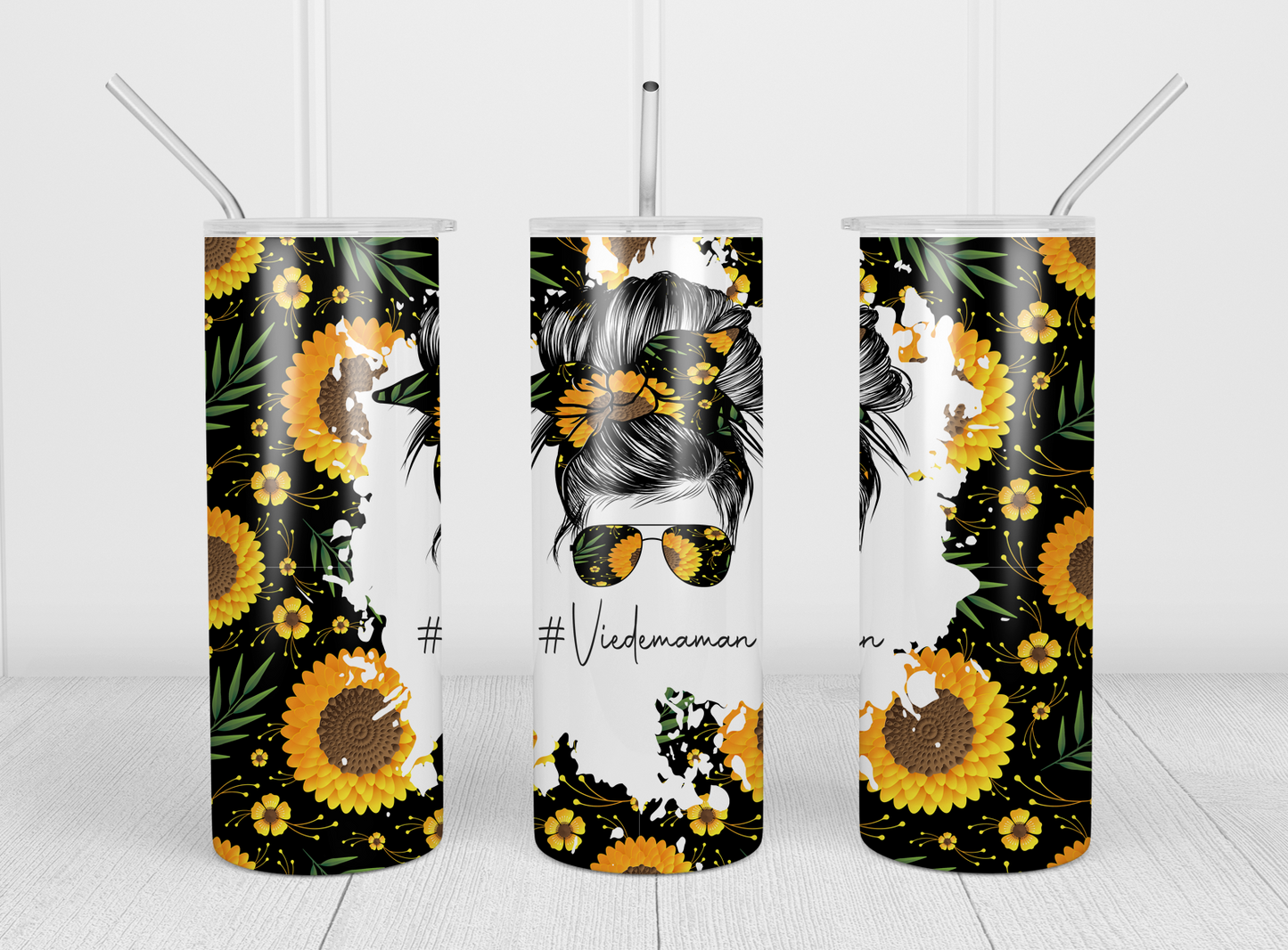 Design tumbler 20oz pour sublimation, #Viedemaman, Messy Bun, Tournesols, fond noir