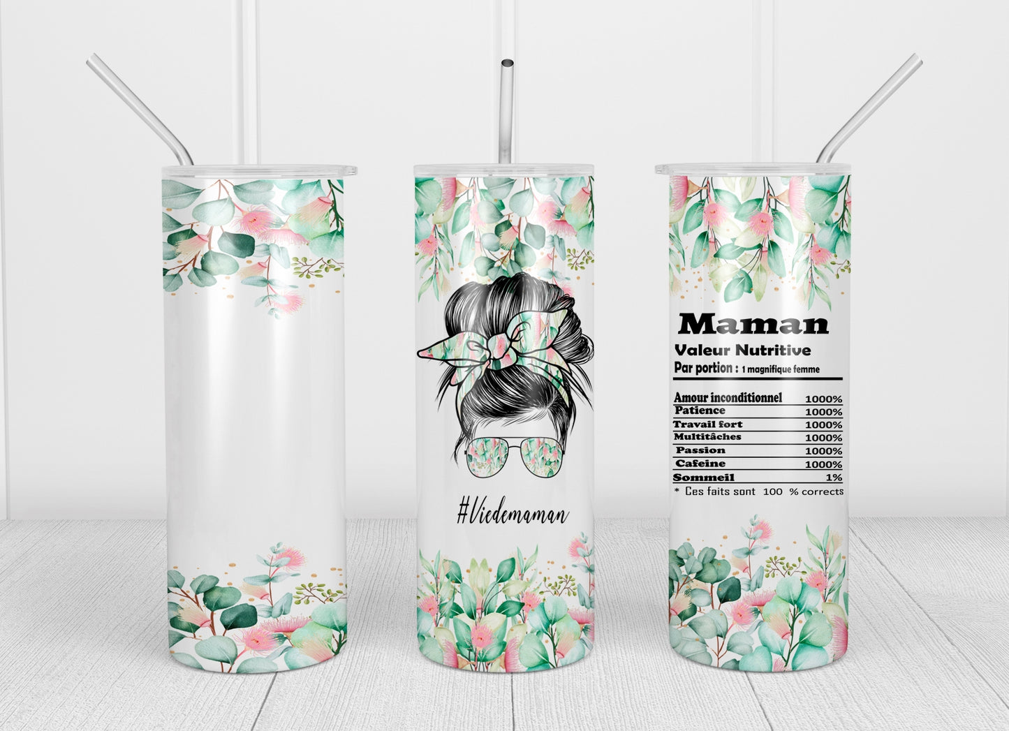 Design tumbler 20oz pour sublimation, #Viedemaman, Messy Bun, valeur nutritive