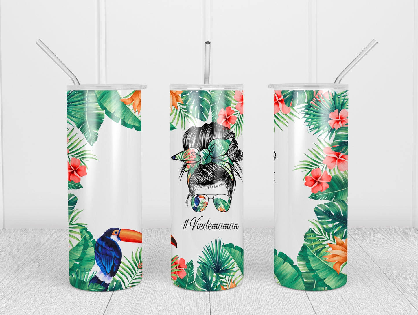 Design tumbler 20oz pour sublimation, #Viedemaman, Messy Bun, tropical