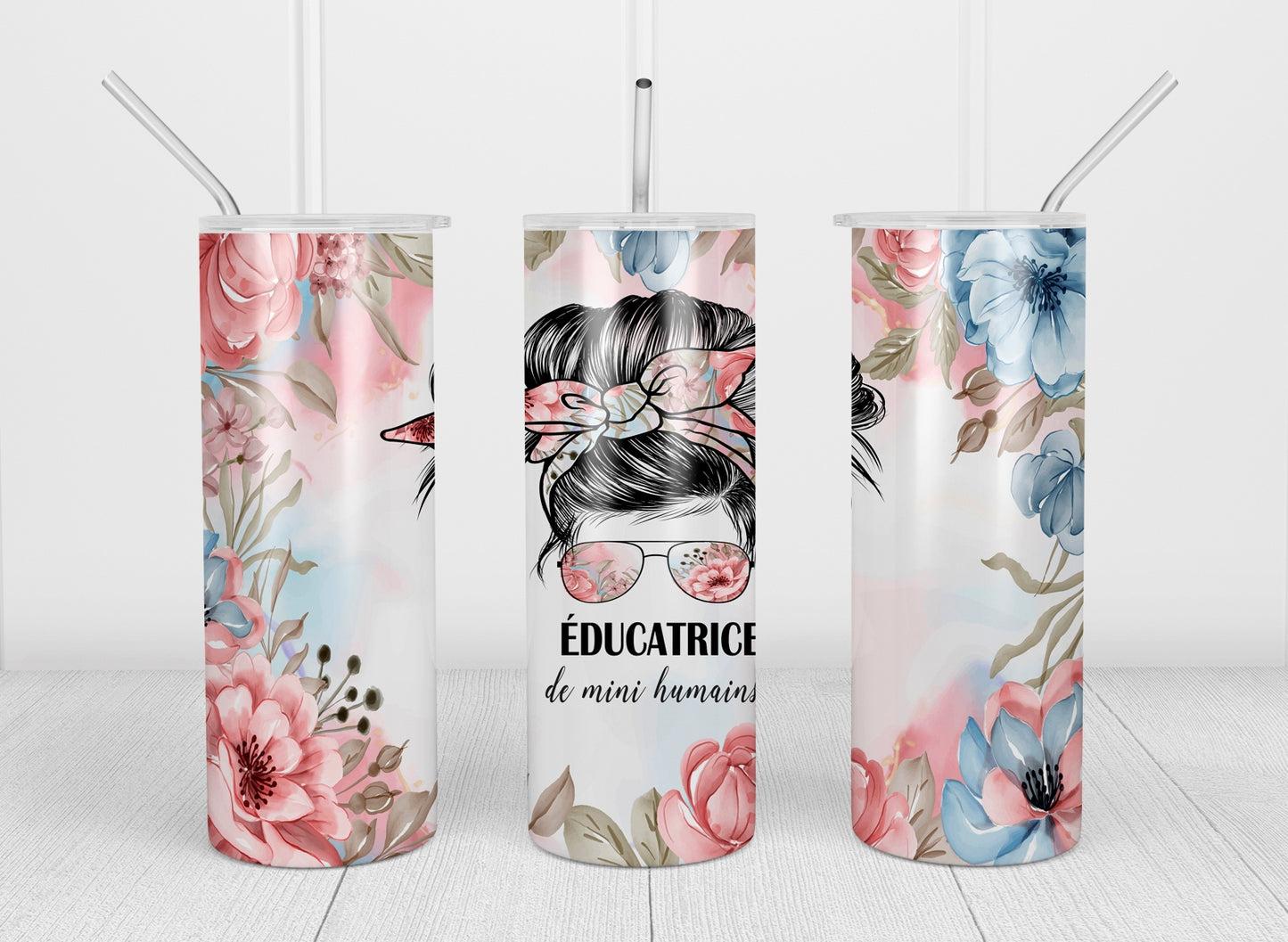 Design Tumblers 20oz, sublimation, éducatrice de mini humains, fleurs roses et bleues