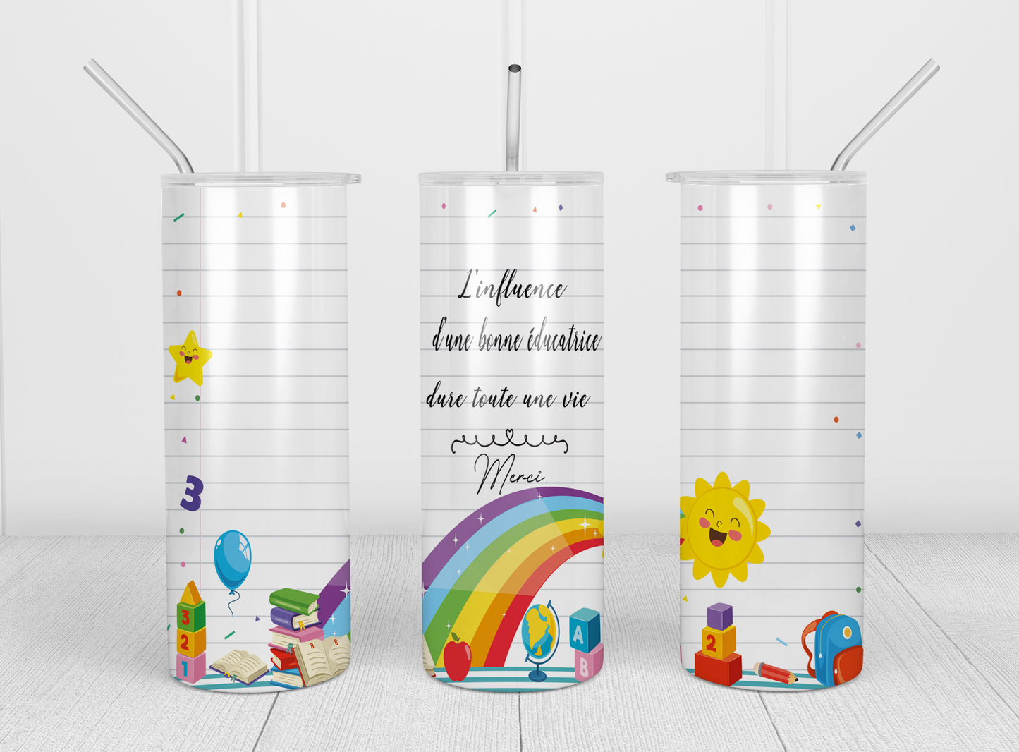 Design Tumblers 20 oz, sublimation l'Influence d'une bonne éducatrice, arc-en-ciel