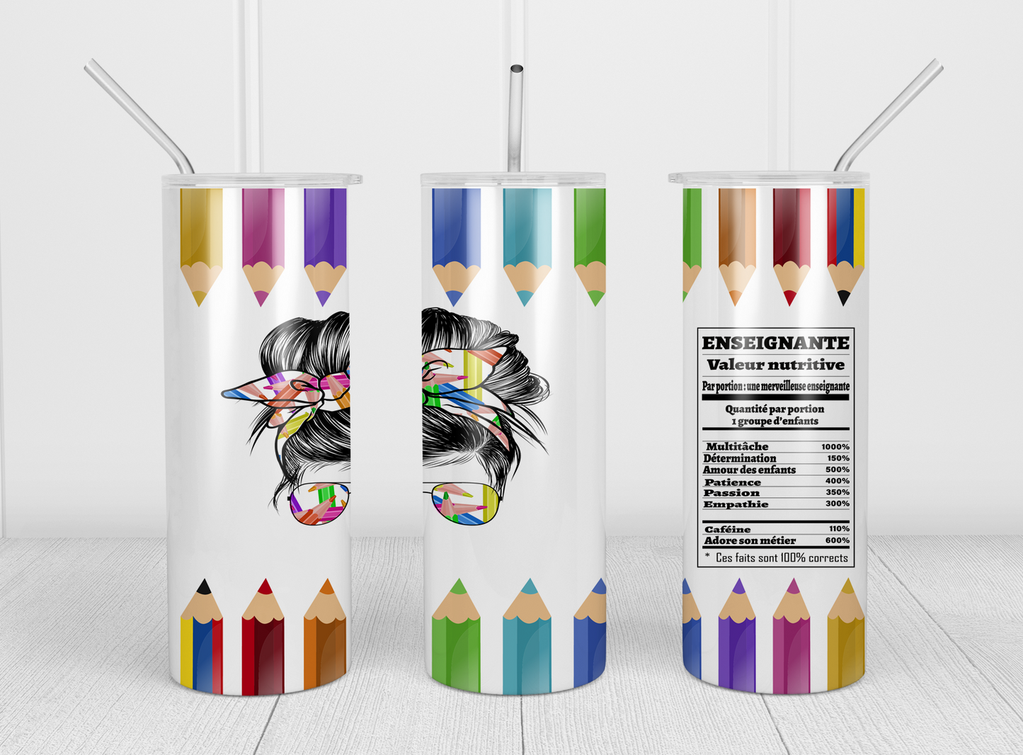 Design tumbler 20oz pour sublimation , ENSEIGNANTE , Messy bun, valeur nutritive, crayon de couleur