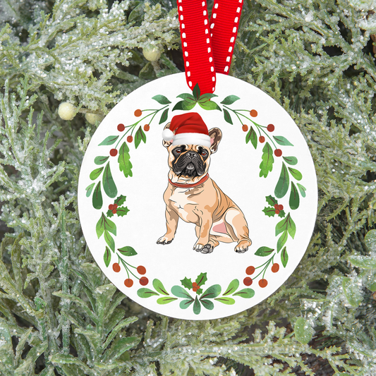 Design PNG pour sublimation , ORNEMENT DE NOËL, chien BOULEDOG FRANÇAIS BEIGE