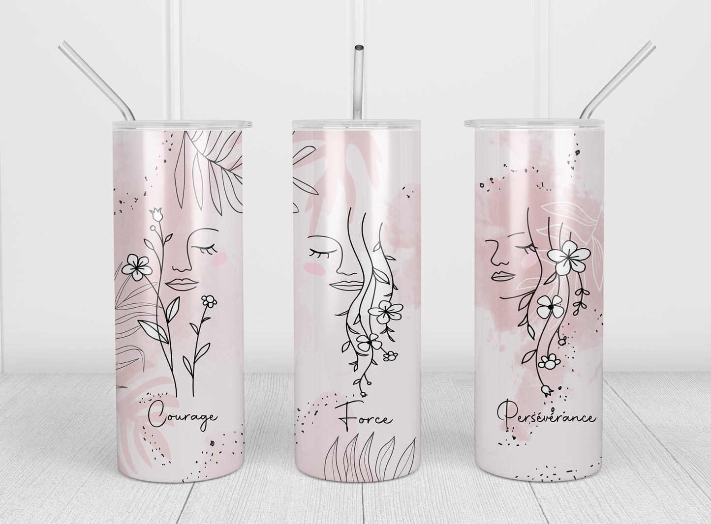 Design tumbler 20oz pour sublimation , FEMME FLEURS, minimaliste, COURAGE, FORCE, PERSÉVÉRANCE