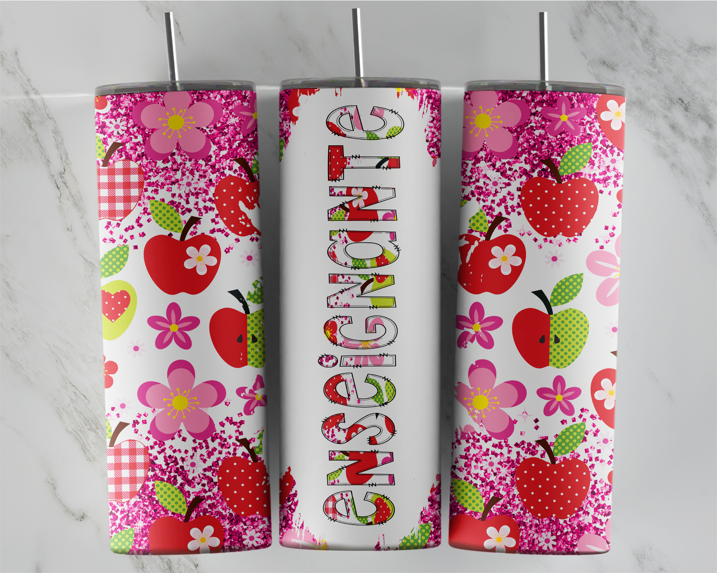 Design tumbler 20oz pour sublimation , ENSEIGNANTE, pomme, glitter