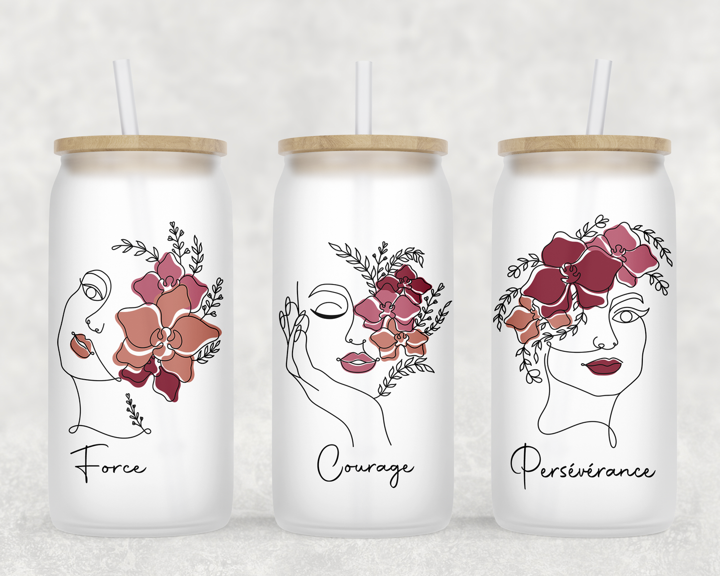 Design verre givré 16 oz pour sublimation , FEMME FLEURS, FORCE, COURAGE, PERSÉVÉRANCE, minimaliste