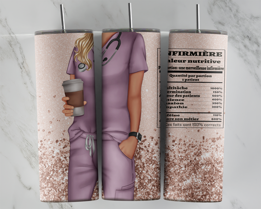 Design tumbler 20oz pour sublimation INFIRMIÈRE, valeur nutritive, glitter, cheveux blonds