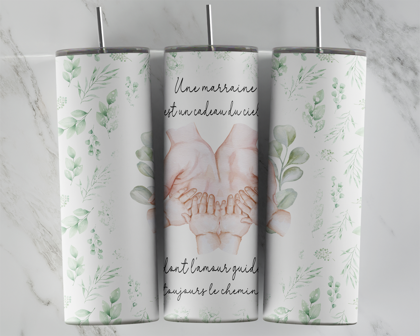 Design tumbler 20oz pour sublimation, Une marraine est un cadeau du ciel, dont l'amour guide le chemin, deux pairs de mains