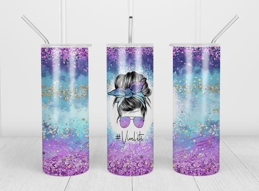 Design tumbler 20oz pour sublimation , ÉTÉ, #Vivel'été, Messy Bun, mauve glitter