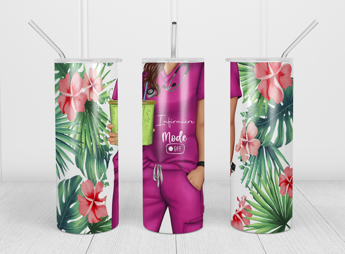 Design tumbler 20oz pour sublimation INFIRMIÈRE MODE OFF, cheveux bruns