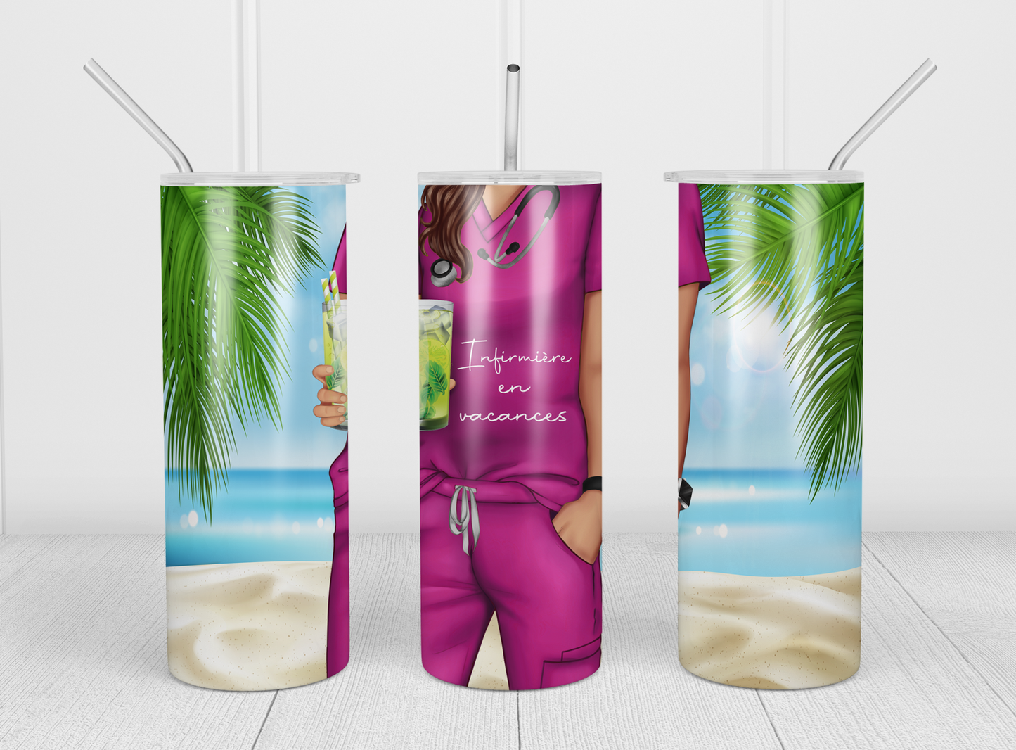 Design tumbler 20oz pour sublimation INFIRMIÈRE EN VACANCES , MOJITO, cheveux bruns