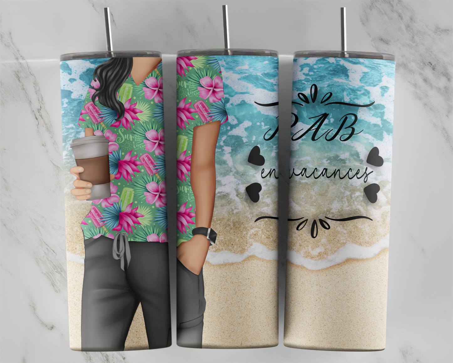 Design tumbler 20oz pour sublimation PRÉPOSÉE AUX BÉNÉFICIAIRES , en vacances , tropical, cheveux noirs