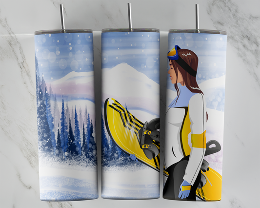 Design tumbler 20oz pour sublimation, Snowboard femme, cheveux bruns