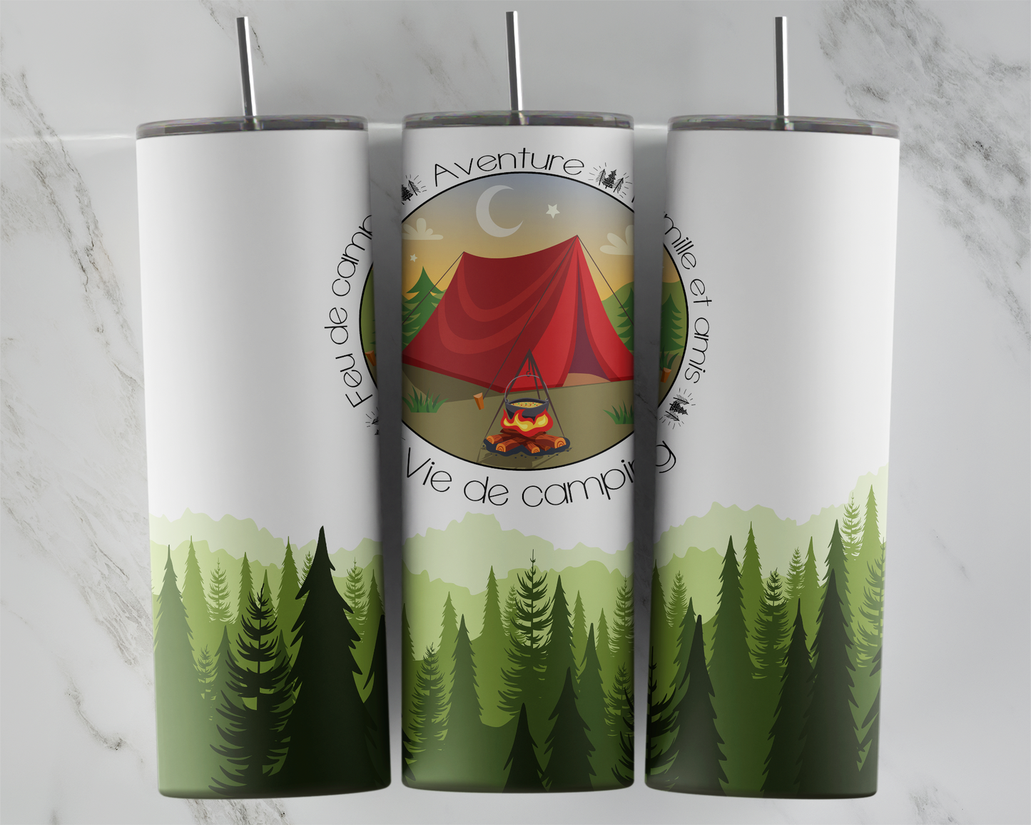 Design tumbler 20oz pour sublimation , Feu de camp, aventure, famille et amis, Vie de camping