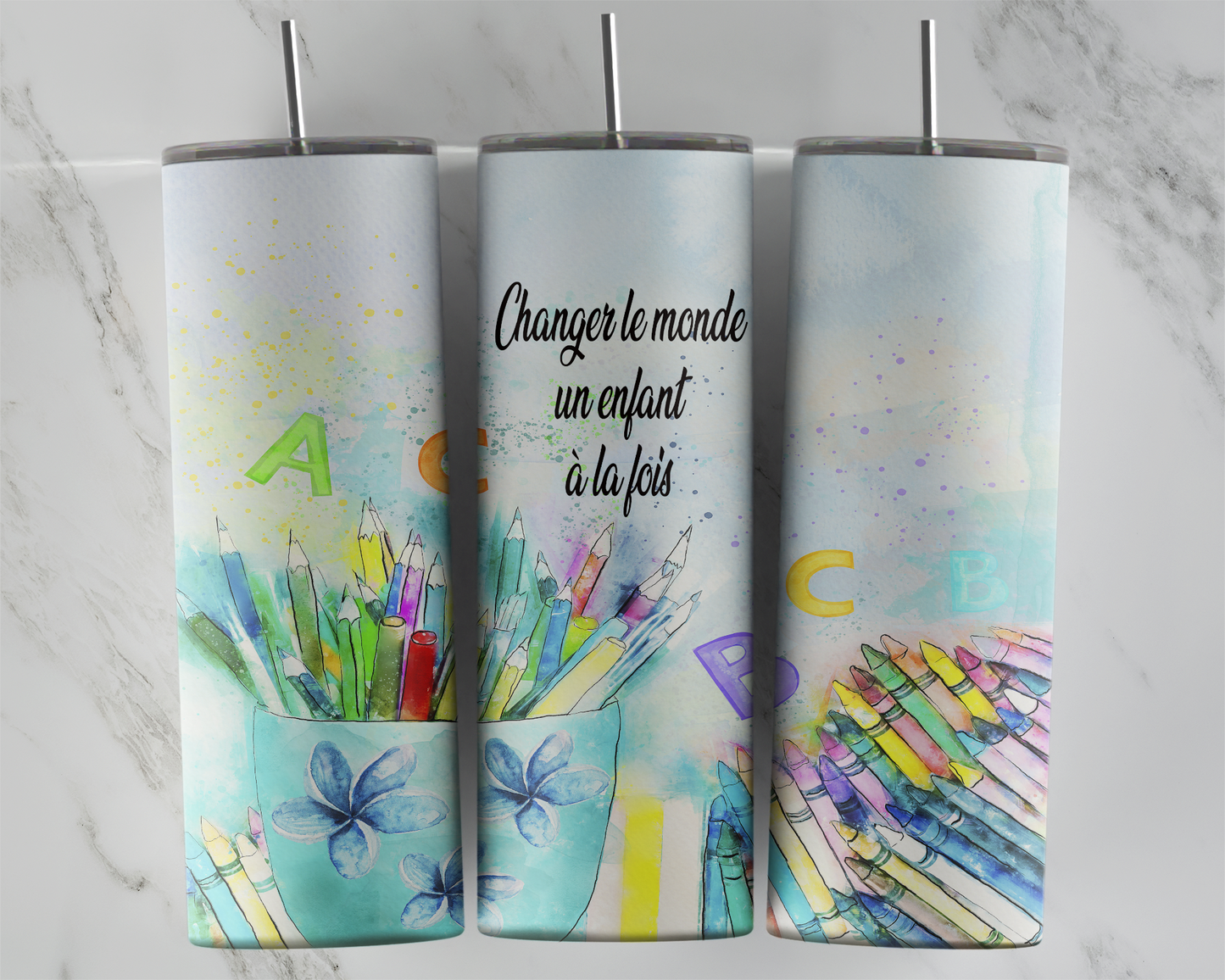 Design tumbler 20oz pour sublimation , Changer le monde un enfant à al fois, aquarelle