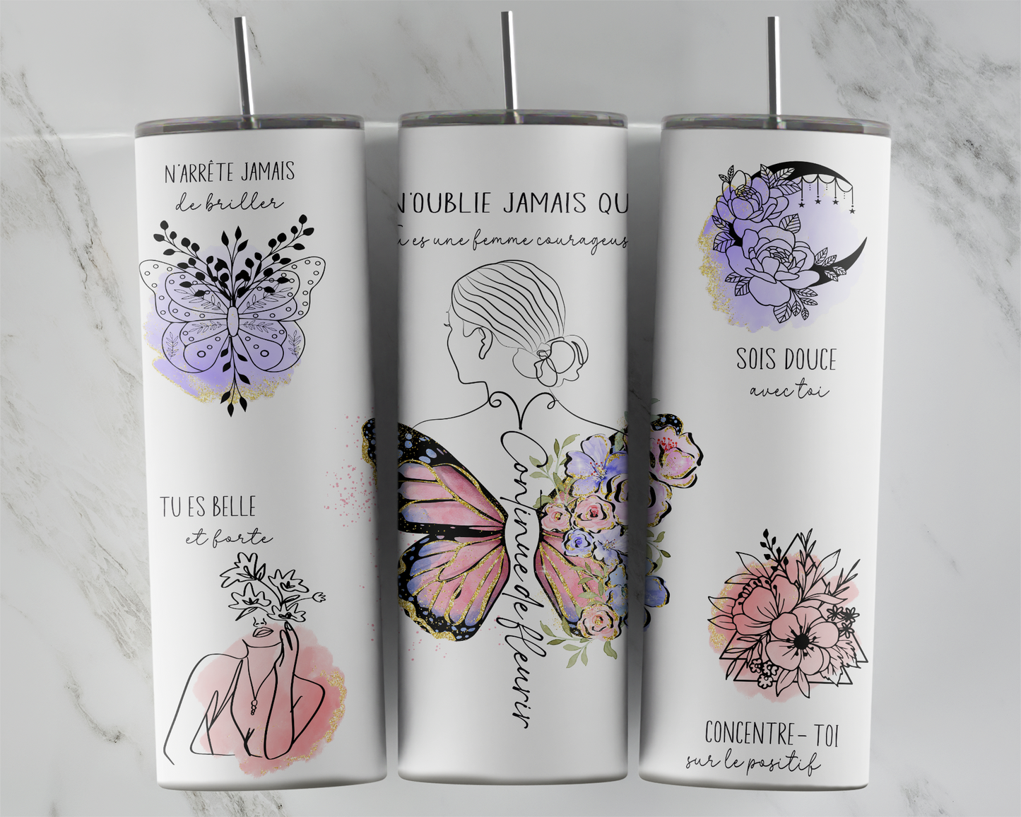 Design tumbler 20oz pour sublimation , FEMME FLEUR, pensée positive, continue de fleurir