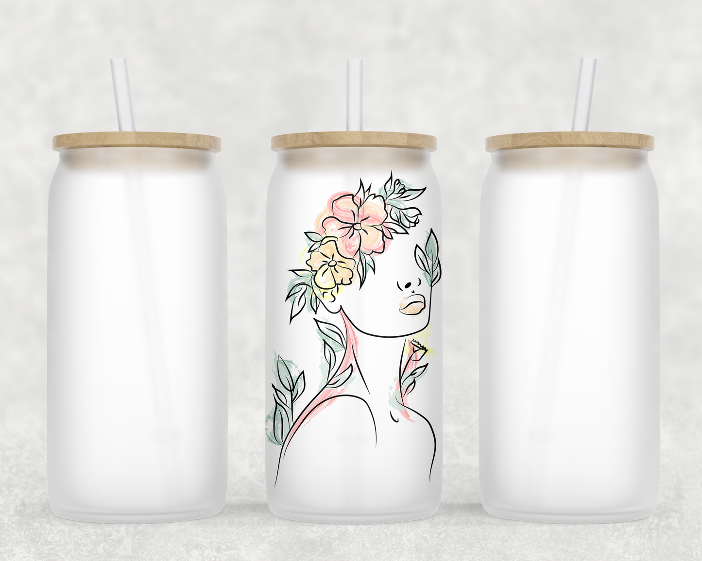 Design verre givré 16 oz pour sublimation , FEMME FLEURS, minimaliste