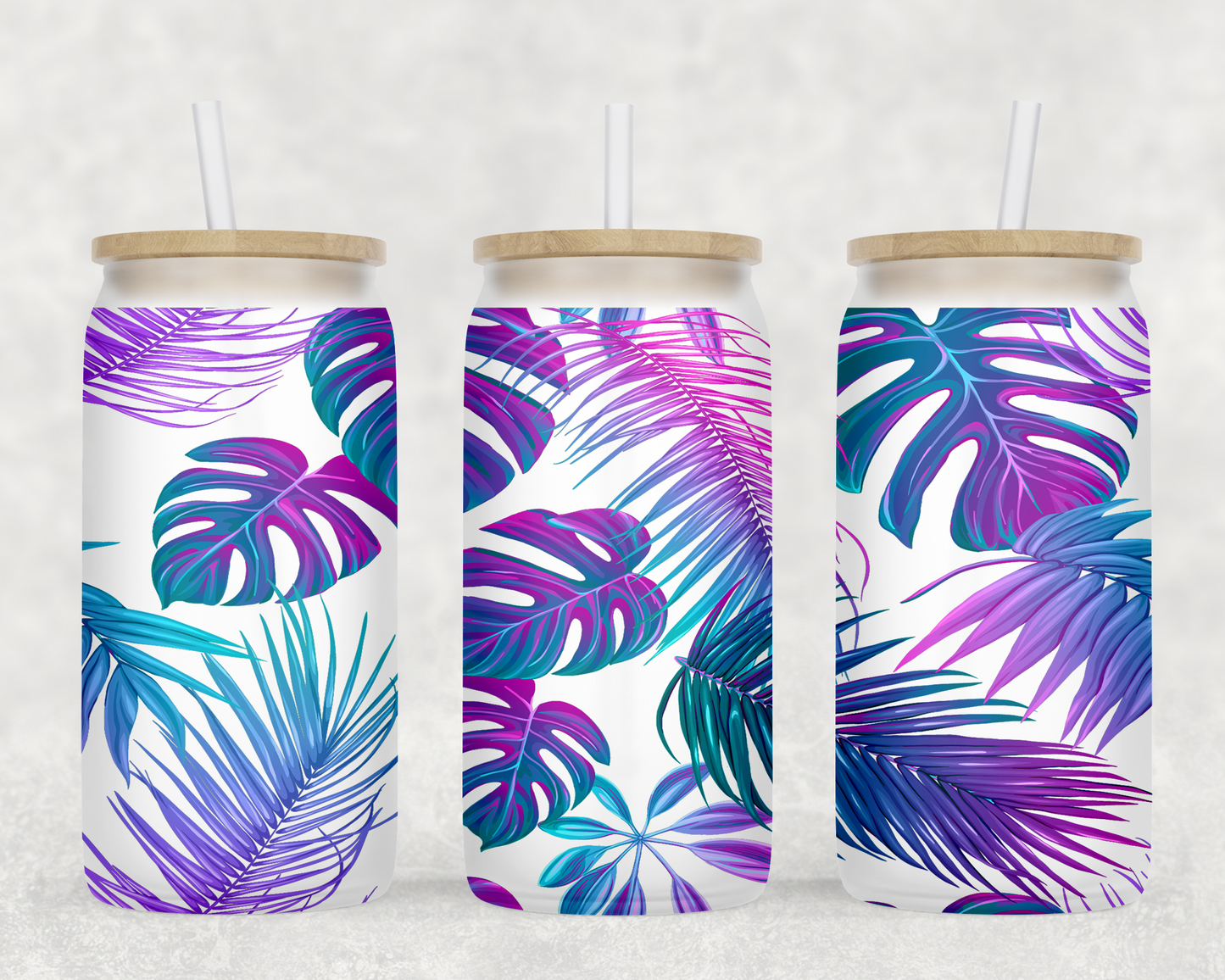 Design verre givré 16 oz pour sublimation , MONSTERA roses et bleues