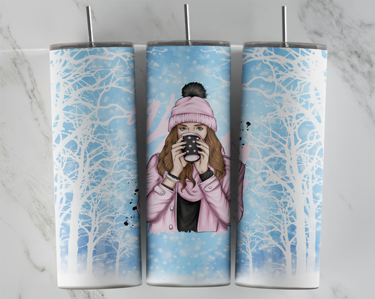 Design tumbler 20oz pour sublimation, Fille hiver, cheveux chatains